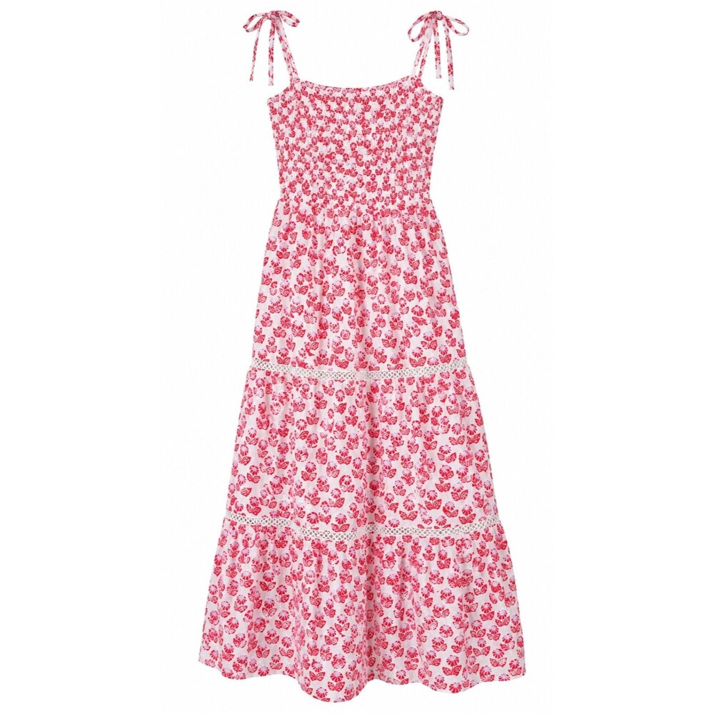 Roller Rabbit Pink Floral Smocked Tiered Maxi Dress Tie Strap XL
